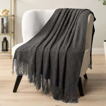 PAVILIA Dark Gray Knit Throw Blanket for Couch Bed, Soft Knitted Farmhouse Sofa Throw for Living Room, Lightweight Decorative Summer Throw Blanket for Chair, Outdoor Textured Boho Blanket, 50x60