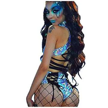 RARITYUS Women Rave Holographic Bodysuit Mini Two Piece Hologram Metallic Silver for Dance Party Clubwear EDM Festival