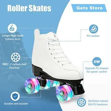 Gets Women's Roller Skates PU Leather High-top Roller Skates Four-Wheel Roller Skates Shiny Roller Skates for Girls Unisex (White Flash Wheel,US: 9.5)