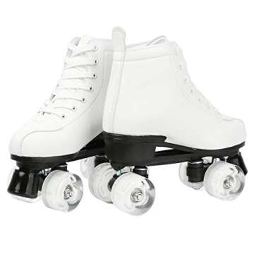 Gets Women's Roller Skates PU Leather High-top Roller Skates Four-Wheel Roller Skates Shiny Roller Skates for Girls Unisex (White Flash Wheel,US: 9.5)