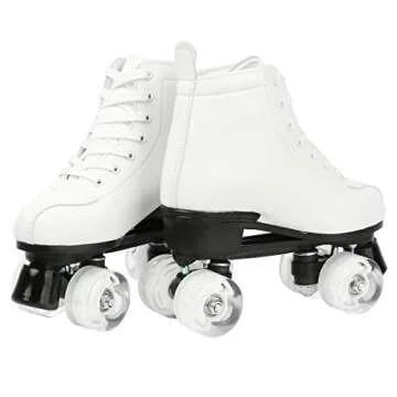 Gets Women's Roller Skates PU Leather High-top Roller Skates Four-Wheel Roller Skates Shiny Roller Skates for Girls Unisex (White Flash Wheel,US: 9.5)