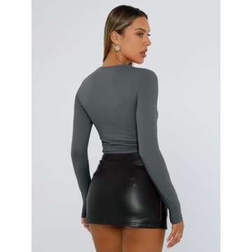 Trendy Queen Womens Long Sleeve Shirts Basic Crop Tops Tight Slim Fit Cute Teen Girls Fall Winter Y2k Clothes Gray S