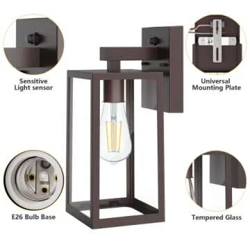 SHINE HAI Dusk to Dawn Outdoor Wall Lantern, Exterior Sensor Light Fixture with E26 Base Socket, Waterproof Wall Mount Sconce with Clear Glass Shade for Garage, Doorway (Dark Chocolate)