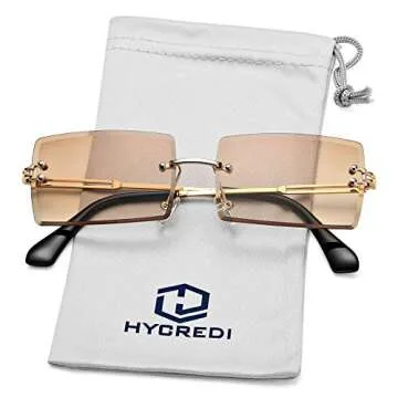 Rectangle Sunglasses for Men/Women Small Rimless Square Shade Eyewear (Tea + White)
