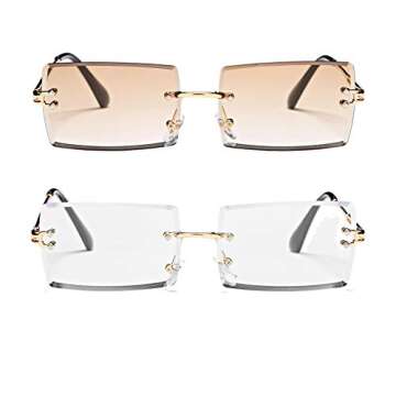 Rectangle Sunglasses for Men/Women Small Rimless Square Shade Eyewear (Tea + White)