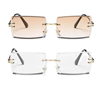 Rectangle Sunglasses for Men/Women Small Rimless Square Shade Eyewear (Tea + White)