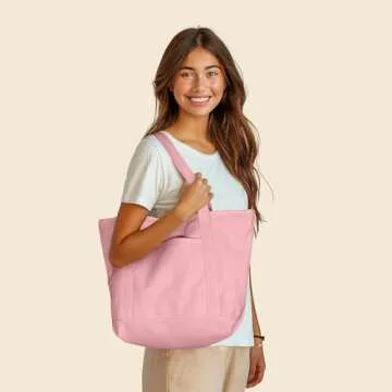 DALIX 20" Solid Color Cotton Canvas Shopping Tote Bag in Light Pink