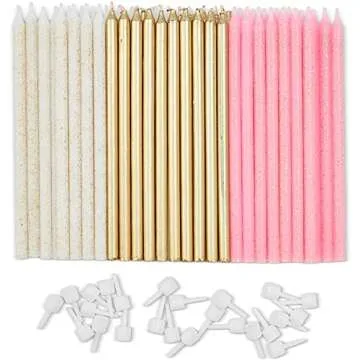 48-Pack Metallic Glitter Confetti Long Thin Birthday Cake Candles 5-Inch with Holders, 3 Colors