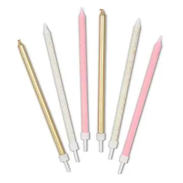 48-Pack Metallic Glitter Confetti Long Thin Birthday Cake Candles 5-Inch with Holders, 3 Colors