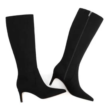 QIY Knee High Black Boots for Women Kitten Heels Pointed Toe Black Tall Boots Suede Boots for Women Fall Boots Heeled Boots Winter Long Boots Size 9.5