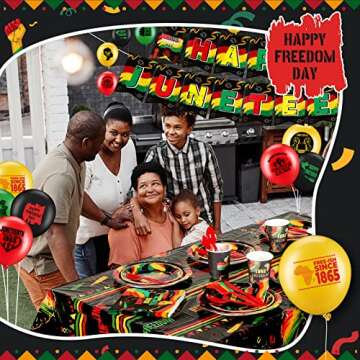 Meooeck 187 Pieces Happy Juneteenth Day Party Decoration Set with Juneteenth Flag Backdrop Serves Disposable Plates Cups Napkins African Freedom Day Balloons Tablecloth Black History Party Supplies