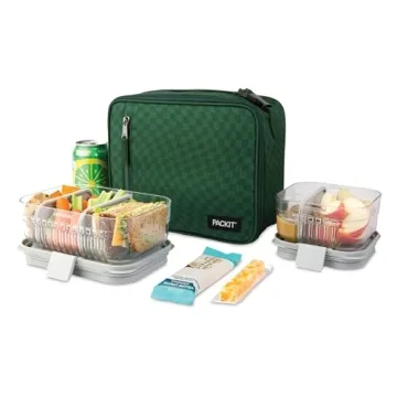 PackIt Freezable Classic Lunch Box, Checker Wave Olive, Built with ECOFREEZE Technology, Collapsible, Reusable, Zip Closure With Zip Front Pocket and Buckle Handle, Designed for Fresh Lunch On the Go