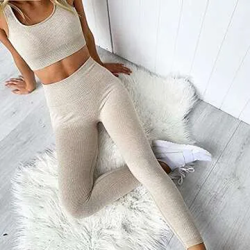 Jetjoy Exercise Outfits for Women 2 Pieces Ribbed Seamless Yoga Outfits Sports Bra and Leggings Set Tracksuits 2 Piece