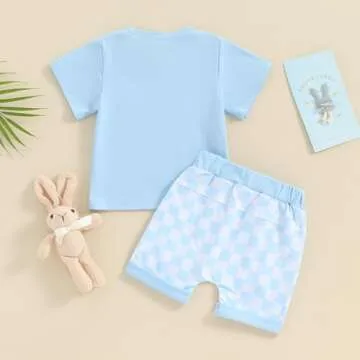 Baby Boy Summer Clothes Checkerboard Short Sleeve Shirt Plaid Shorts Trendy Boys Outfit Infant Toddler Clothing Set (Sky Blue, 12-18 Months)
