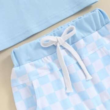 Baby Boy Summer Clothes Checkerboard Short Sleeve Shirt Plaid Shorts Trendy Boys Outfit Infant Toddler Clothing Set (Sky Blue, 12-18 Months)