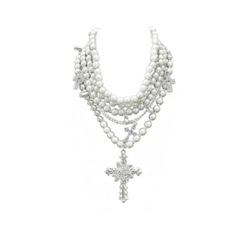 Layered Pearl Necklace Gothic Cross Pearl Stacked Necklace for Women