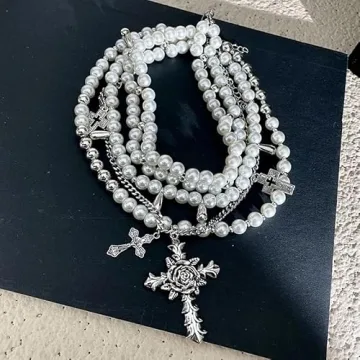 Layered Pearl Necklace with Gothic Cross for Women