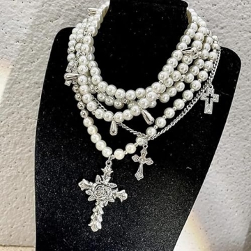 Layered Pearl Necklace with Gothic Cross for Women