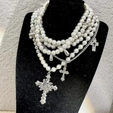 Layered Pearl Necklace with Gothic Cross for Women