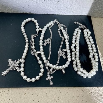 Layered Pearl Necklace with Gothic Cross for Women