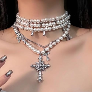 Layered Pearl Necklace with Gothic Cross for Women
