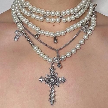 Layered Pearl Necklace with Gothic Cross for Women