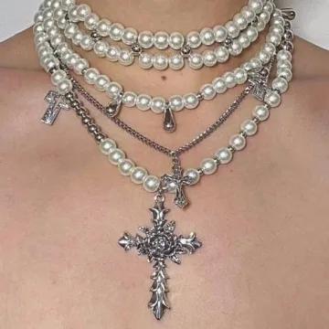 Layered Pearl Necklace with Gothic Cross for Women