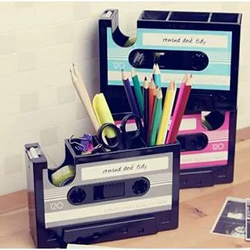 Cassette Tape Dispenser Pen Holder Vase Pencil Pot Stationery Desk Tidy Container Office Stationery Supplier Gift (Blue)
