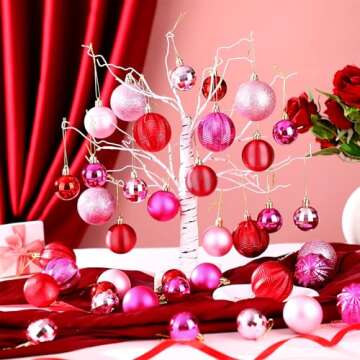 Lunmon 64 Pcs Valentine's Day Ball Ornaments for Tree Glitter Red Hot Pink Ball Ornament Hanging Val...