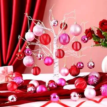 Lunmon 64 Pcs Valentine's Day Ball Ornaments - Glitter Red & Pink Decorative Ornaments for All Occas...