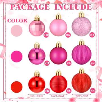 Lunmon 64 Pcs Valentine's Day Ball Ornaments for Tree Glitter Red Hot Pink Ball Ornament Hanging Valentines Decoration Assorted Size Valentines Day Ornament for Party Supplies, 1.6/1.97/2.4 Inch