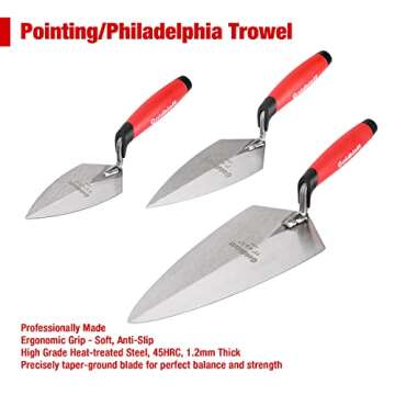 Goldblatt 6PCS Masonry Hand Tool Set - 11" x 5-1/2" Philadelphia Brick Trowel, 2PC Pointing Trowel, 5" x 2" Margin Trowel, 1/2" Tuck Pointing Trowel, 5/8” x 1/2” Convex Brick Jointer