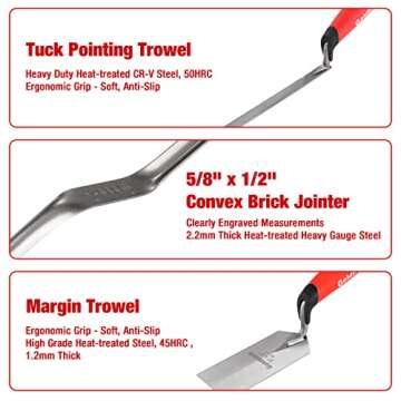 Goldblatt 6PCS Masonry Hand Tool Set - 11" x 5-1/2" Philadelphia Brick Trowel, 2PC Pointing Trowel, 5" x 2" Margin Trowel, 1/2" Tuck Pointing Trowel, 5/8” x 1/2” Convex Brick Jointer