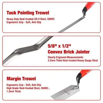Goldblatt 6PCS Masonry Hand Tool Set - 11" x 5-1/2" Philadelphia Brick Trowel, 2PC Pointing Trowel, 5" x 2" Margin Trowel, 1/2" Tuck Pointing Trowel, 5/8” x 1/2” Convex Brick Jointer