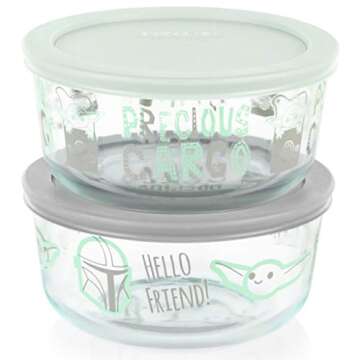 Pyrex 8-Pc Glass Food Storage Container Set, 4-Cup & 3-Cup Decorated Round and Rectangle Meal Prep Containers, Non-Toxic, BPA-Free Lids, Disney's Star Wars, The Child