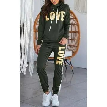 Angsuttc Women's Letter Print 2 Piece Outfit Cowl Neck Long Sleeve Sweatshirt and Pants Joggers set Tracksuit Army Green X-Large