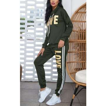 Angsuttc Women's Letter Print 2 Piece Outfit Cowl Neck Long Sleeve Sweatshirt and Pants Joggers set Tracksuit Army Green X-Large