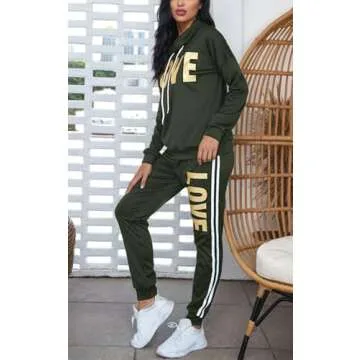 Angsuttc Women's Letter Print 2 Piece Outfit Cowl Neck Long Sleeve Sweatshirt and Pants Joggers set Tracksuit Army Green X-Large