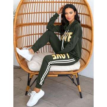 Angsuttc Women's Letter Print 2 Piece Outfit Cowl Neck Long Sleeve Sweatshirt and Pants Joggers set Tracksuit Army Green X-Large