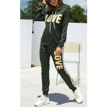 Angsuttc Women's Letter Print 2 Piece Outfit Cowl Neck Long Sleeve Sweatshirt and Pants Joggers set Tracksuit Army Green X-Large