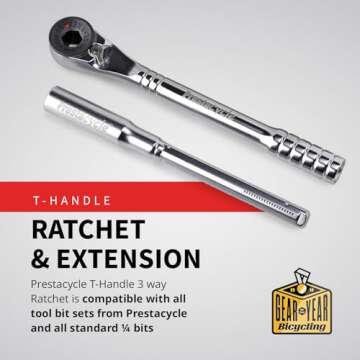 Prestacycle Pro T Handle Ratchet and Extension Set, Heavy-Duty 60 Nm Ratcheting T Handle Driver for 1/4" Hex Bits, Compact T Handle Wrench for Bicycles (Bits Not Included)