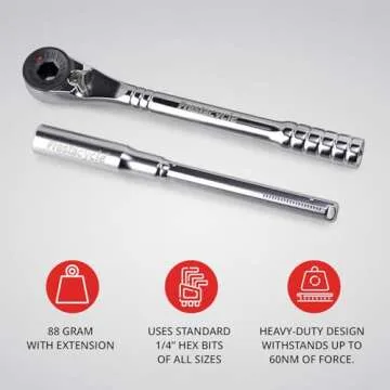 Prestacycle Pro T Handle Ratchet and Extension Set, Heavy-Duty 60 Nm Ratcheting T Handle Driver for 1/4" Hex Bits, Compact T Handle Wrench for Bicycles (Bits Not Included)