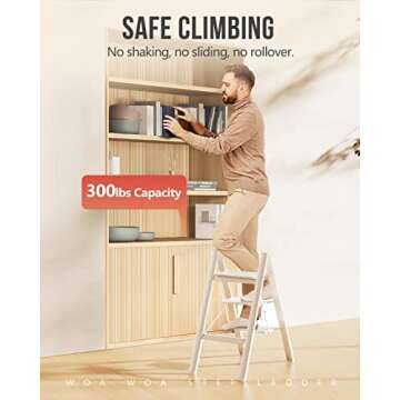 WOA WOA 3 Step Ladder, Folding Stepladder with Anti-Slip Pedal, Lightweight Portable Ladders, Aluminum Step Stool for Home, Kitchen, Office 300lbs - White