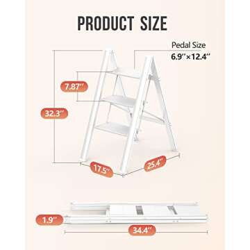 WOA WOA 3 Step Ladder, Folding Stepladder with Anti-Slip Pedal, Lightweight Portable Ladders, Aluminum Step Stool for Home, Kitchen, Office 300lbs - White