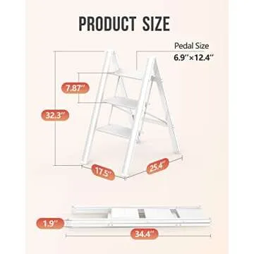 WOA WOA 3 Step Ladder, Folding Stepladder with Anti-Slip Pedal, Lightweight Portable Ladders, Aluminum Step Stool for Home, Kitchen, Office 300lbs - White
