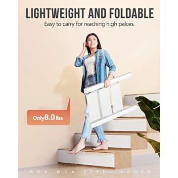 WOA WOA 3 Step Ladder, Folding Stepladder with Anti-Slip Pedal, Lightweight Portable Ladders, Aluminum Step Stool for Home, Kitchen, Office 300lbs - White