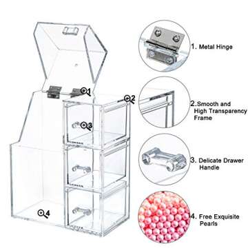 SPPRANDOM Yoelrsa Acrylic Makeup Box, Makeup Brush Holder with Lid and 3 Drawers, Waterproof and Dustproof Cosmetic Brush Organizer with Free Pearls, Used for the Dressing Table (XL+Drawers, Pink)