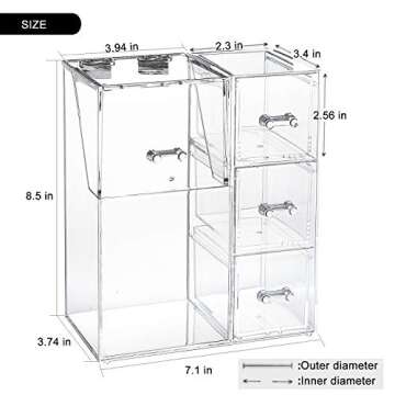 SPPRANDOM Yoelrsa Acrylic Makeup Box, Makeup Brush Holder with Lid and 3 Drawers, Waterproof and Dustproof Cosmetic Brush Organizer with Free Pearls, Used for the Dressing Table (XL+Drawers, Pink)