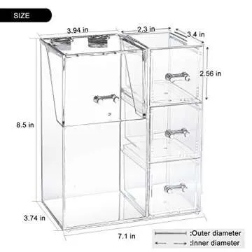 SPPRANDOM Yoelrsa Acrylic Makeup Box, Makeup Brush Holder with Lid and 3 Drawers, Waterproof and Dustproof Cosmetic Brush Organizer with Free Pearls, Used for the Dressing Table (XL+Drawers, Pink)