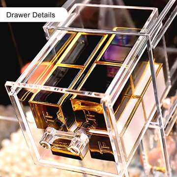 SPPRANDOM Yoelrsa Acrylic Makeup Box, Makeup Brush Holder with Lid and 3 Drawers, Waterproof and Dustproof Cosmetic Brush Organizer with Free Pearls, Used for the Dressing Table (XL+Drawers, Pink)